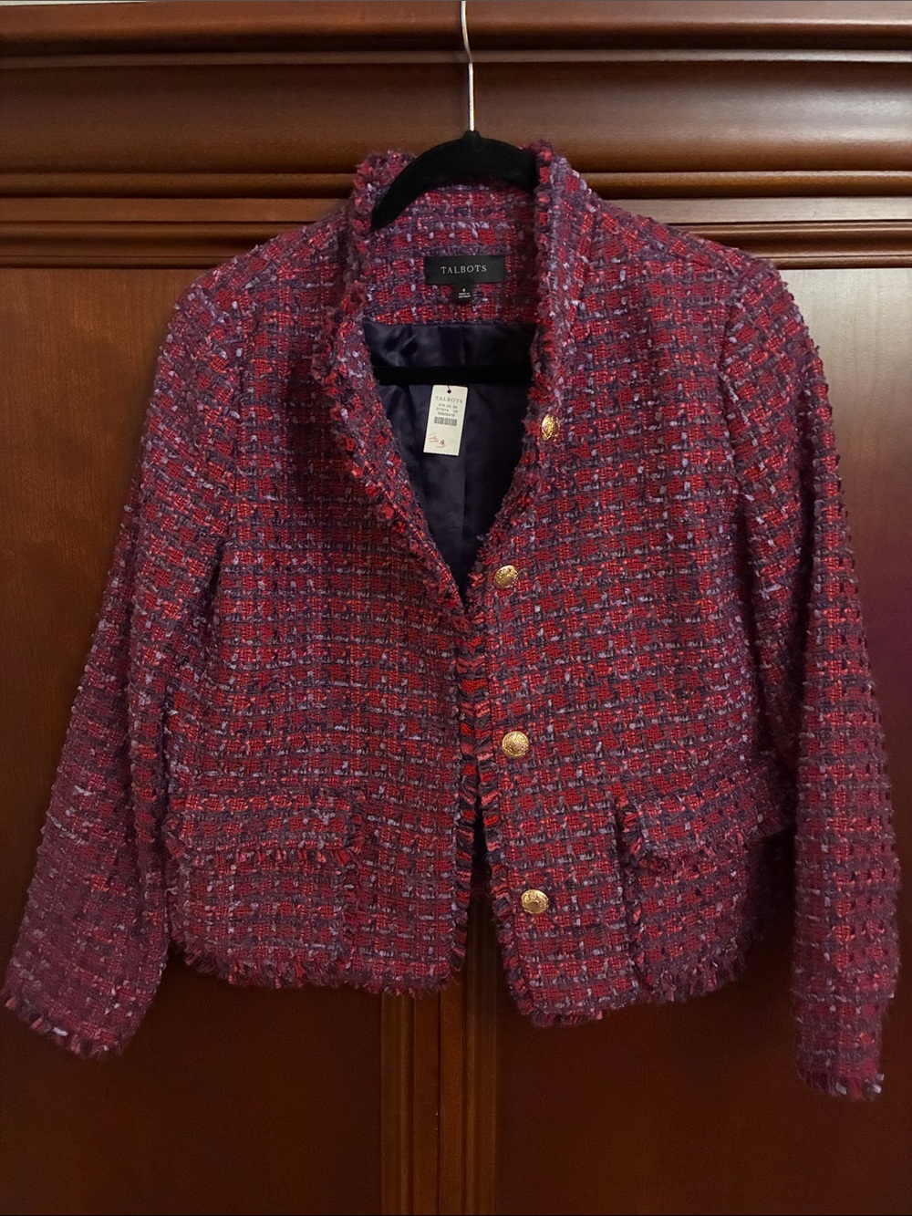 Talbots Red Tweed Cropped Blazer with Gold Buttons